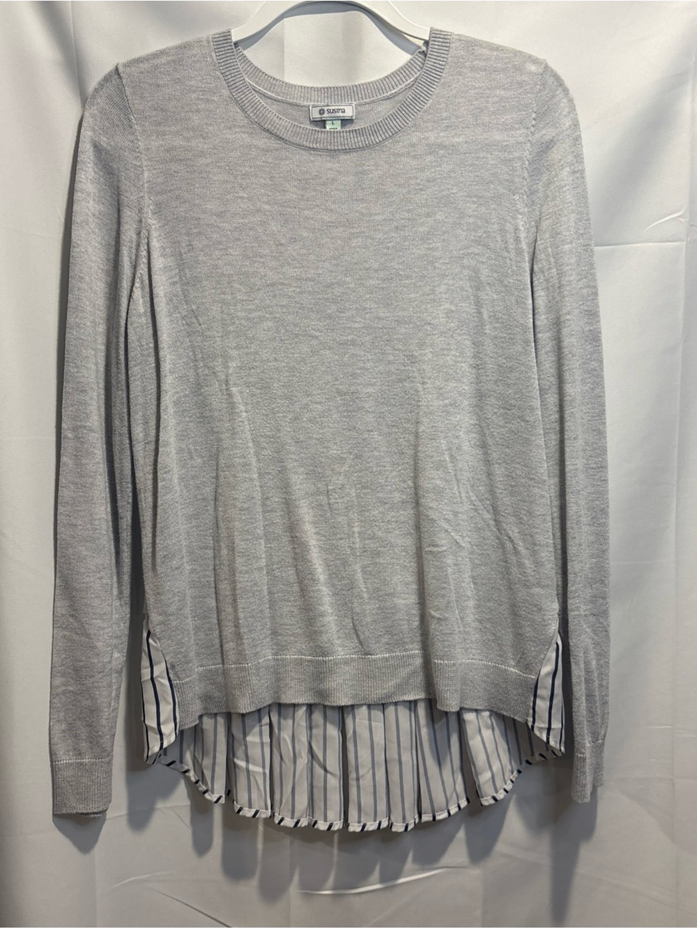 Susina Light Gray Layered Sweatshirt with Striped Shirttail